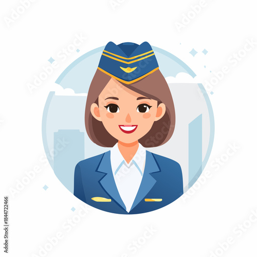 Friendly female flight attendant smiling warmly, in a circular frame with an abstract city background, on an isolated white background.