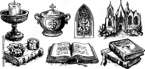 Historical candle, books, and church artifacts in vintage style. Classic vector illustration set featuring decorative elements.