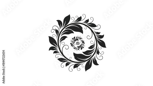 Ornate circular swirl design with layered leaves and decorative dots, isolated white background.
