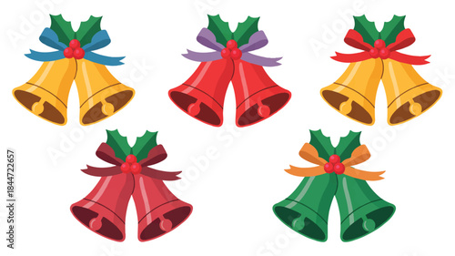 Colorful christmas bells with holly and ribbons