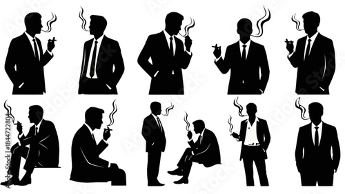 Silhouette of a Businessman Smoking: A collection of silhouetted figures of a business man, exuding an air of sophistication, contemplation, or perhaps a moment of escape.