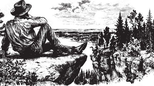 Silhouette of a person sitting on a cliff edge at sunrise. A tranquil nature vector illustration depicting a peaceful landscape with trees and mountains.