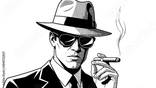 Vintage Detective: A cool detective, dressed in a sharp suit and fedora, exhales smoke from a cigar, exuding an air of mystery and intrigue.