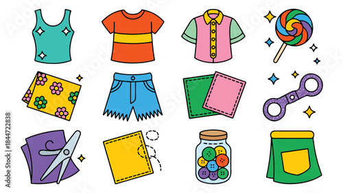 Colorful sewing kit with clothes and accessories