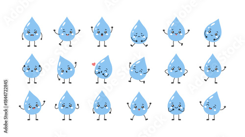 Water drop characters with cute emotions and playful poses for kids and creative design projects