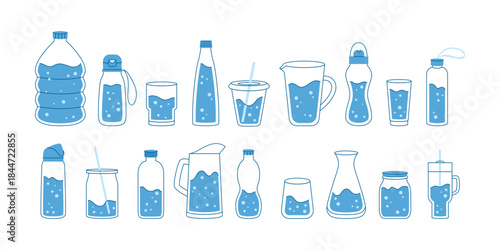 Water containers icons set with bottles, glasses, jars and pitchers in clean outline style