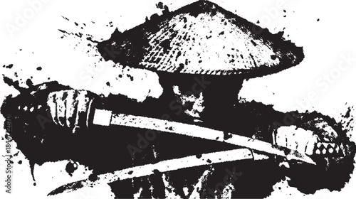 Samurai warrior with swords in a dynamic pose. Black and white vector illustration showcasing traditional martial arts style.