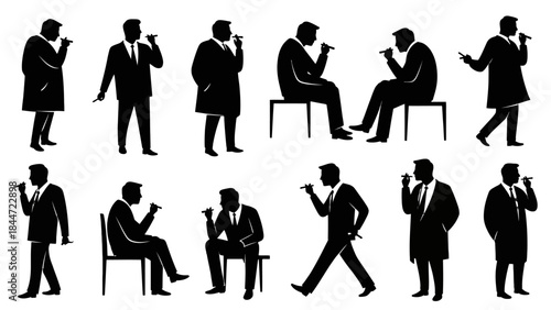 Silhouette of Thought: A collection of black silhouettes depicts a man in deep thought, engaged in contemplation, decision-making, or reflection in various poses.