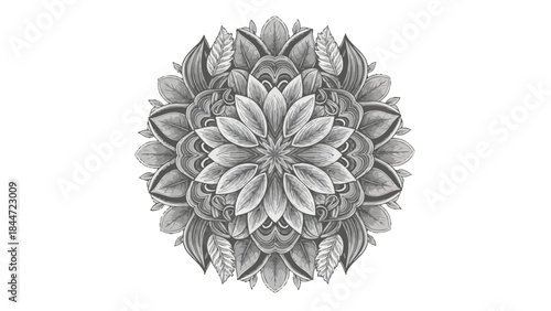 Floral Mandala: An intricate mandala design composed of delicate floral elements, presented in a monochromatic palette