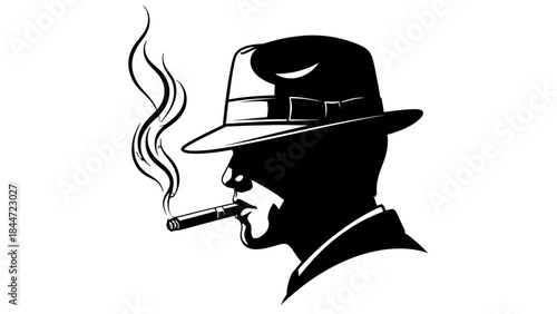 Smoldering Silhouette: A mysterious figure, enveloped in a cloud of smoke, exudes an air of intrigue and confidence, smoking a cigar, while wearing a classic fedora.