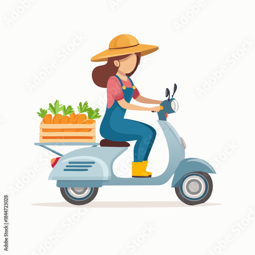 Happy Female Farmer Riding Scooter Delivering Fresh Vegetables in Crate on Isolated White Background