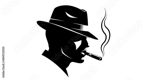 Mysterious Silhouette: A dramatic silhouette of an individual, shrouded in shadow, with a fedora hat and a cigar, exhaling a trail of smoke, embodying enigma and a touch of the unknown.