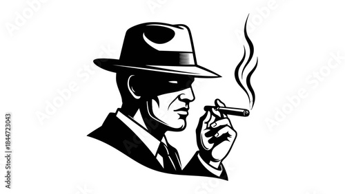 Shadowed Confidence: A silhouette of a man shrouded in mystery, he exudes an air of quiet power as he holds a smoking cigar, hat pulled low. 