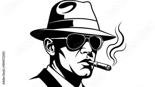 Mysterious Observer: A silhouette of a man with fedora hat, sunglasses, smoking, evokes a sense of intrigue.