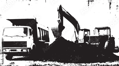 Construction site featuring a truck and excavator loading dirt. Vector illustration of equipment and machinery on the ground.