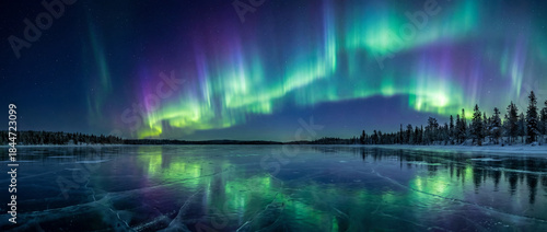 Stunning northern lights over serene lake and forest reflection at night. Vibrant aurora borealis illuminates sky while water mirrors colorful display.