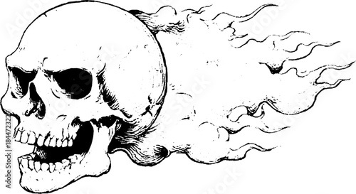 Skull illustration with flames in vintage style. A black and white outline graphic vector set.