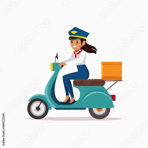 Cheerful Female Postwoman Riding Scooter Delivering Package on Isolated White Background