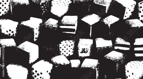 Monochrome background featuring a pattern of blocks and shapes. This modern vector illustration has high contrast with a seamless design set.
