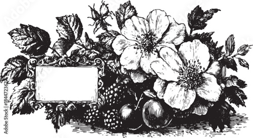 Vintage floral illustration featuring detailed flowers and leaves in black and white. This decorative design showcases a classic vector set of natural elements.