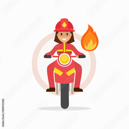Brave Female Firefighter Riding Motorcycle with Fire Icon, Front View