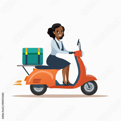 African American Female Delivery Driver Riding Scooter with Package, Light Studio Background