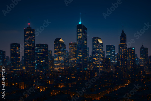 Skyscrapers glowing in the night with hundreds of lights, showcasing a modern urban cityscape under a dark blue sky..