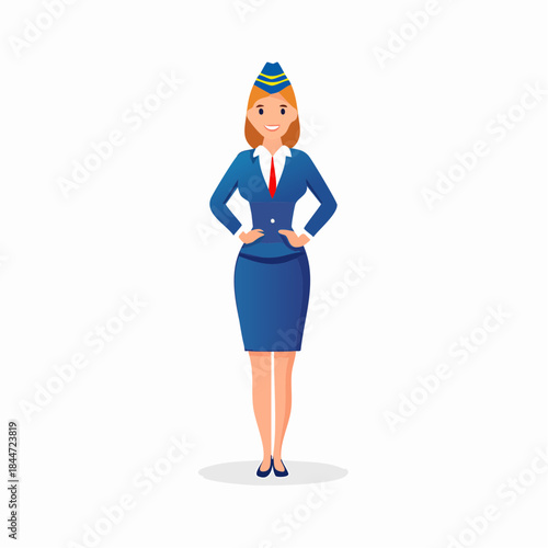 Confident Female Flight Attendant Standing in Blue Uniform, Isolated White Background