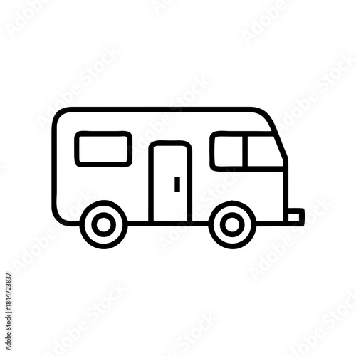 Simple line art of a camper van with wheels and a door  
