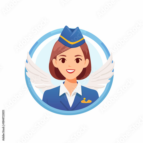 Smiling Female Flight Attendant Avatar with Angelic Wings, Isolated White Background