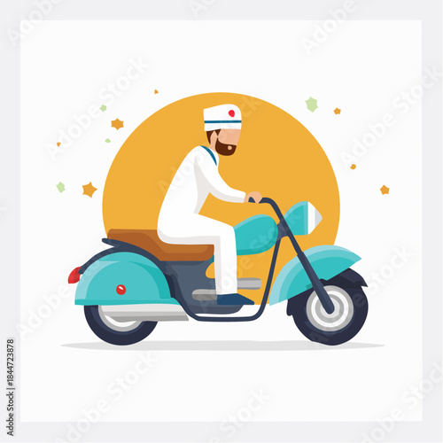 Male Doctor Riding Motorcycle in Front of Vibrant Orange Background with Stars