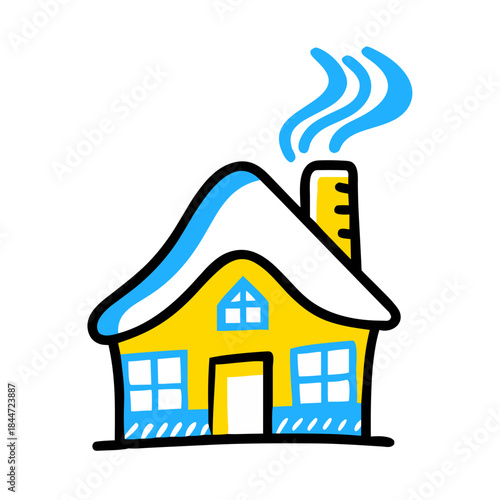 Colorful cartoon house with chimney and smoke on white background  