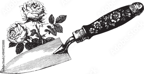 Gardening trowel with a decorative floral handle. Black and white vector illustration featuring roses and foliage in a detailed set.