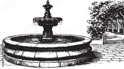 Classic fountain outlined in elegant detail. Outdoor landscape vector illustration featuring a tranquil garden with stones and trees in a set design.