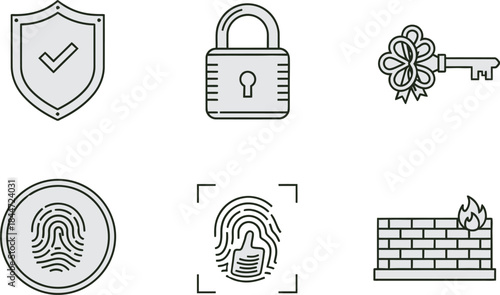 Security and protection icons including shield lock key fingerprint password and brick wall
