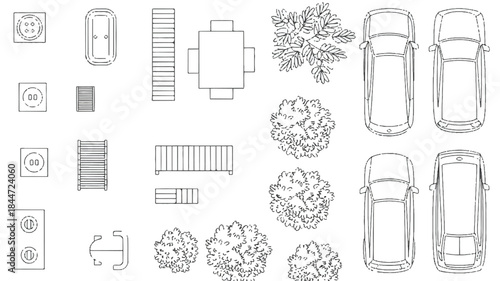 House plan and cars with trees icons set