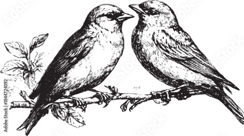 Bird illustration featuring sparrows on a branch. Detailed black and white vector set showcasing their natural habitat.
