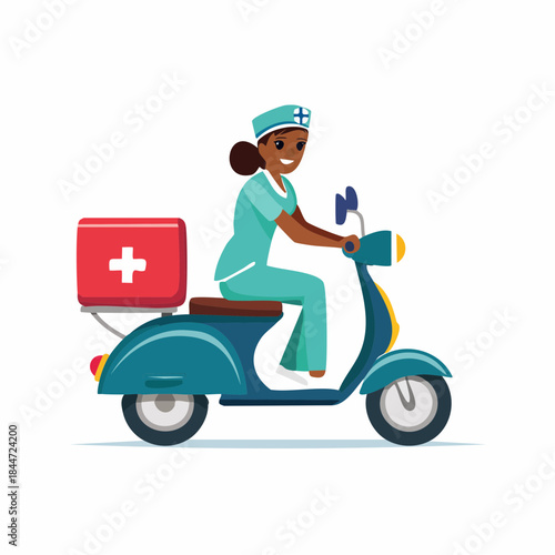 Dedicated female doctor or nurse riding a blue scooter with a red medical cross box, providing mobile healthcare services, on an an isolated white background.