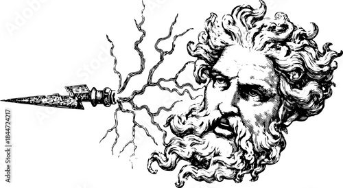 Vintage engraving of a god's head with lightning. Classic line art, monochrome vector illustration showcasing intricate details.