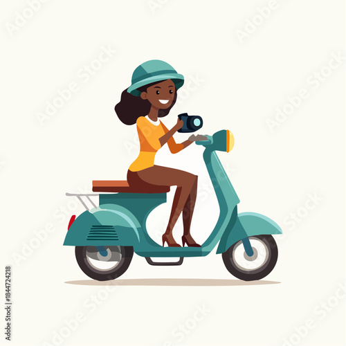 Joyful woman photographer riding a green scooter and holding a camera, ready for an adventure or to capture moments, on an isolated white background.