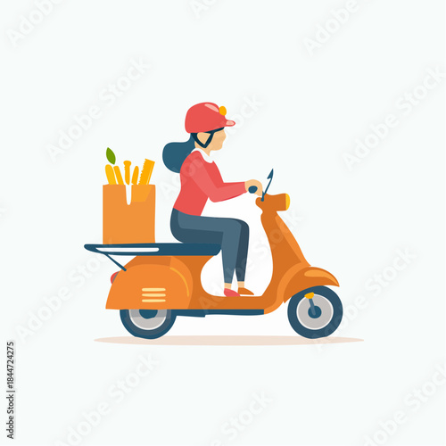 Smiling woman courier riding an orange delivery scooter with a parcel of fresh groceries in a box, on an isolated white background.