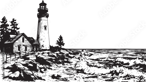 Lighthouse by the ocean shore. Detailed black and white vector illustration featuring natural scenery with rocks and trees, creating a serene landscape set.