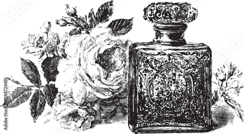 Vintage perfume bottle with floral design. Elegant hand-drawn illustration in black and white vector format, featuring intricate details and a classic style set.