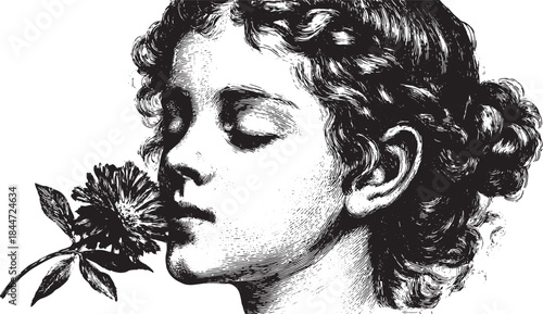 Vintage black and white illustration of a girl with closed eyes and a flower. Detailed portrait showcasing beauty in vector format.