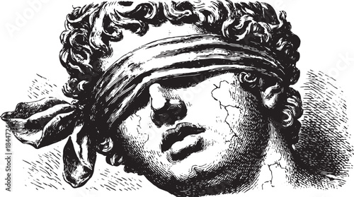 Vintage engraving of a male statue bust. Detailed classical vector illustration featuring intricate textures in black and white.