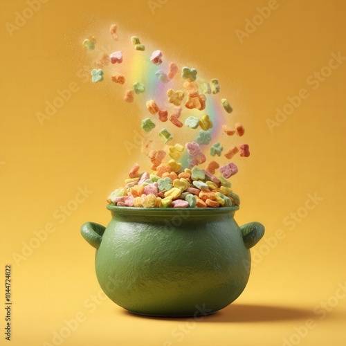 Colorful heart-shaped cereal pieces overflowing from green pot on yellow background