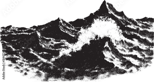 Waves crashing against mountains in a black and white vector illustration. This artistic representation showcases detailed textures in a natural set.