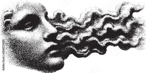 Stylized face exhaling smoke in black and white dot illustration. A modern vector representation featuring abstract elements and unique texture.