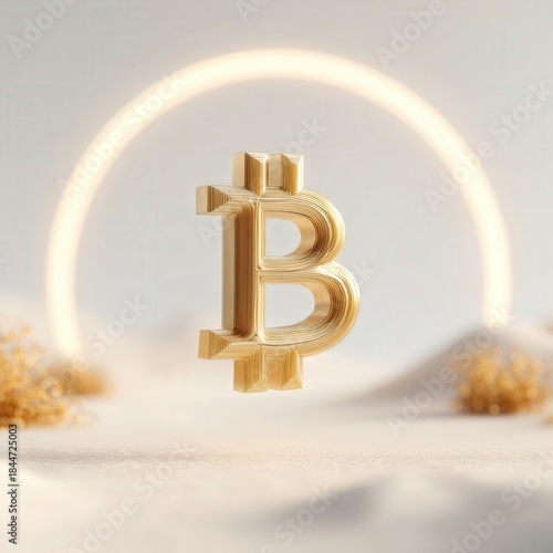 Golden bitcoin symbol floating in abstract minimalist desert scene