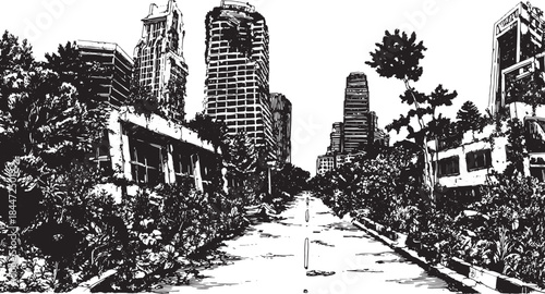 Urban city silhouette illustration with skyscrapers and vegetation in a black and white vector design. It depicts an abandoned street in a natural landscape.